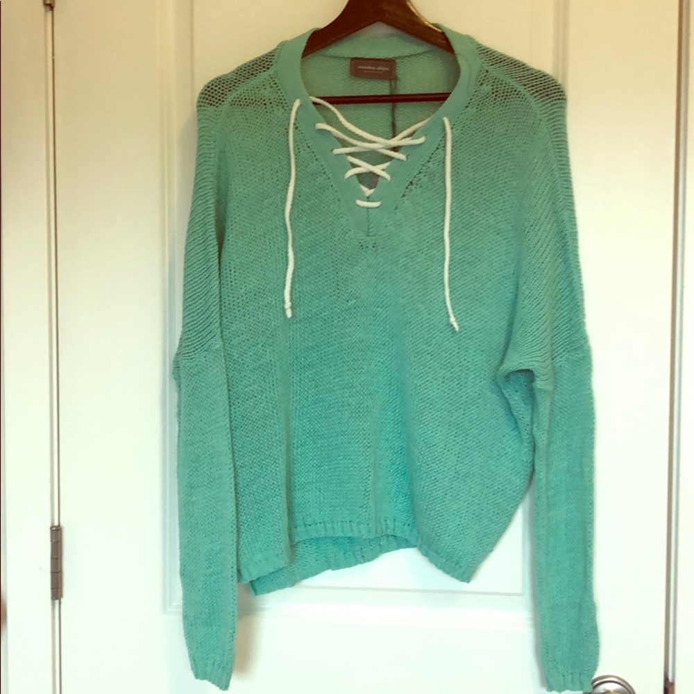 Wooden Ships Lace Up V-Neck Sweater
